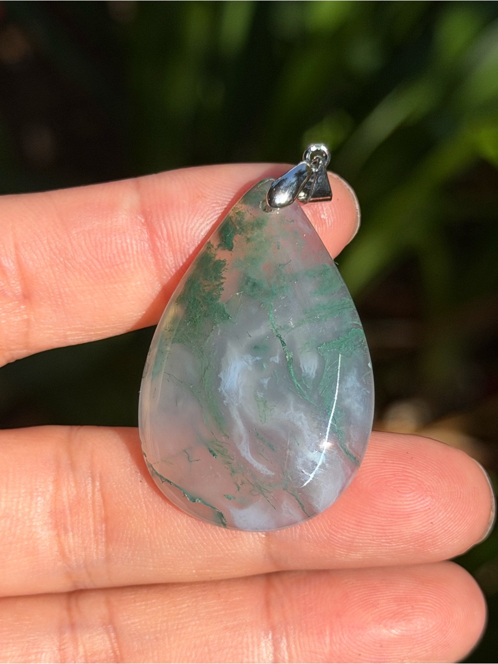 Moss Agate Teardrop Pendant - Green and White Palo